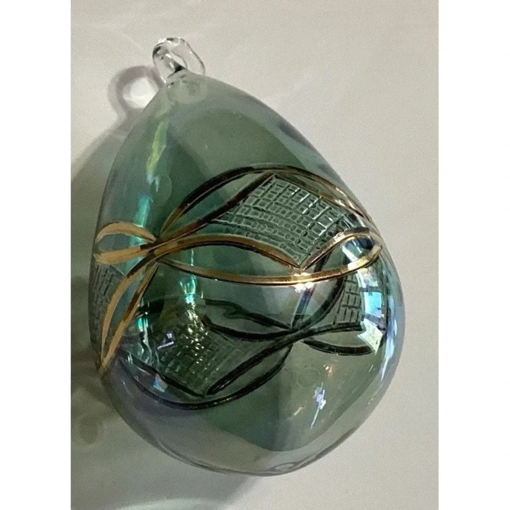 Christmas Ornament Hand Blown Glass Egg Shape Raised‎ Gold Designs Green Tint